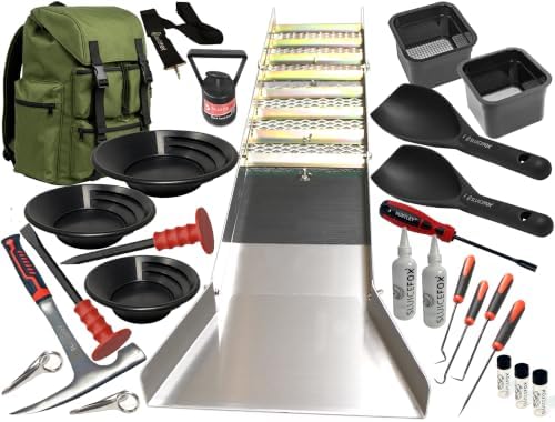 Complete Gold Mining Kit, Folding 50 inch River Sluice Box, Prospecting Equipment, Rock Pick Hammer, Gold Classifiers, Pay Dirt Scoop