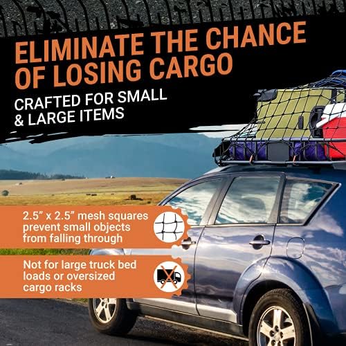 Cargo Net for Roof Rack - 22 x 38 Inch, Heavy-Duty, Mesh Square Bungee Netting with 12 Black Clips and Storage Bag - Holds Small and Large Loads