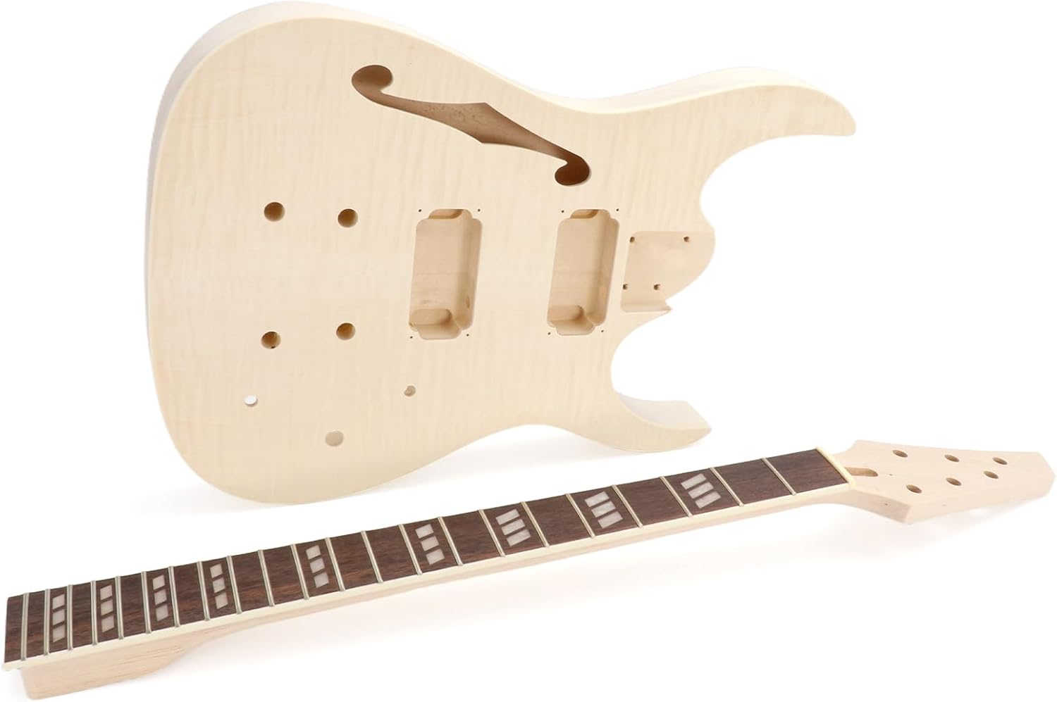 DIY Electric Guitar Kit Beginner Kit with Flamed Maple Veneer Top | 6 String, Right Handed, Basswood Body, Hard Maple Neck, Rosewood Fretboard