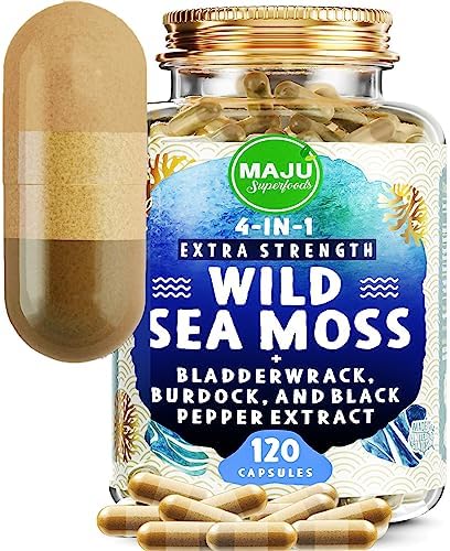 MAJU 4-in-1 Organic Sea Moss Capsules, Wild Chondrus Crispus, Seamoss w/Bladderwrack + Burdock Root, Stronger Than Gel, Irish