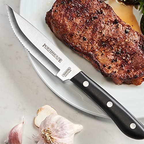 Tramontina Porterhouse 4-Pc Steak Knives | 5-Inch Stainless Steel High-Carbon Serrated Blade, Kitchen Knife Set with Hardwood Block, Full-Tang, Dishwasher-Safe