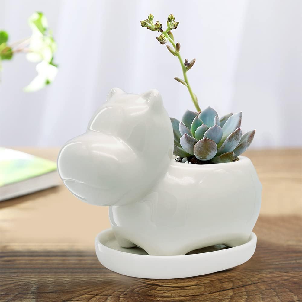 GeLive White Cow Succulent Pot, Small Ceramic Animal Planter with Drainage Hole & Saucer for Cactus, Mini Air Plants, Pencil Holder Brush Organizer, Indoor Home Office Desk Decor, Funny Gift
