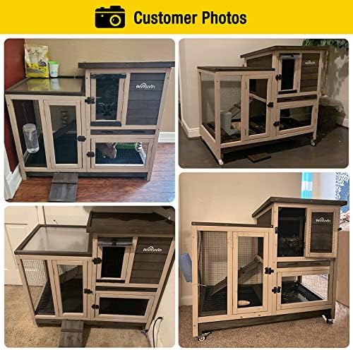 Aivituvin Upgrade Rabbit Cage Indoor Bunny Hutch with Run with Two Deeper No Leak Trays - 4 Casters Include for Outdoor (Coffee)