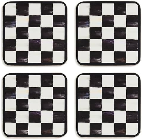 MACKENZIE-CHILDS Square Coasters Set, Black-and-White Courtly Check | Hand-painted design, made from MDF with a cork back, table coasters for drinks, 4" square, set of 4