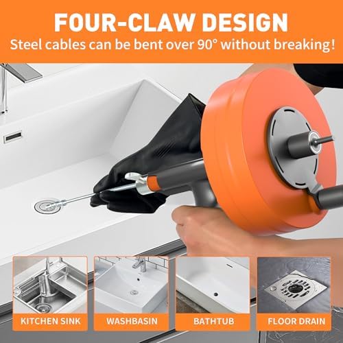BACOENG 25Ft Drain Auger, Heavy Duty Plumbing Snake with Drill Adapter, Use Manually or Powered for Drain Clog, Shower Sink, Comes with Gloves and Bag (Orange)