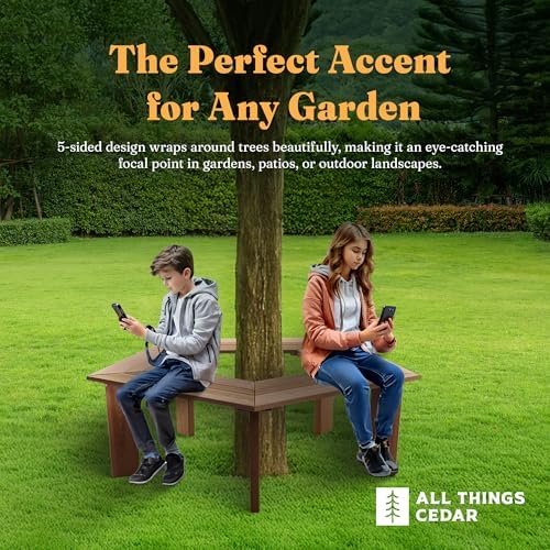 All Things Cedar 52 Inch Wood Tree Bench, 5 Sided Wrap Around Outdoor Seating, Natural