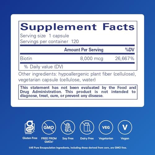 Pure Encapsulations Biotin 8 mg - B Vitamin Supplement to Aid Stress Relief, Hair, Skin & Nail Strengthening, Metabolism, Carbohydrate Support & Nervous System* - with Premium Biotin - 120 Capsules | B Vitamin Supplement for Stress Relief, Hair, Skin, an…