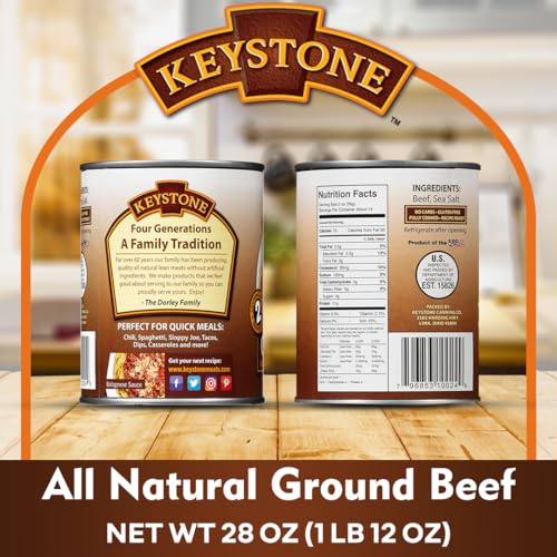 Keystone Meats All Natural Heat and Serve Ground Beef 14 oz – Fully Cooked Canned Meat – Ready to Eat – 5-Year Shelf Life – Pantry Staple for Everyday Meals, Emergency Survival Canned Food – Made in USA – Pack of 3