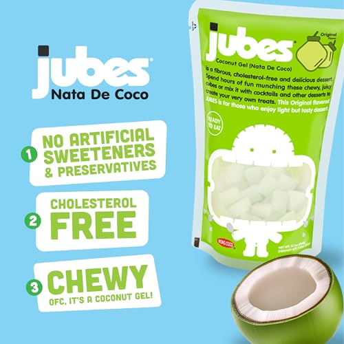 Jubes Strawberry Nata De Coco Jelly Cubes (12.7 oz, Pack of 3) - Strawberry Coconut Jelly Cubes for Sago - Coconut Gel in Syrup Toppings for Fruit Tea, Boba, Bubble Tea, Drinks, Desserts Yogurt, Ice Cream, Beverage