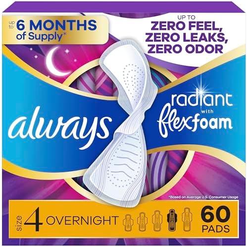 Always Radiant Feminine Pads for Women, Flexfoam Pads with Wings, Size 4, Overnight Absorbency, Lightly Scented, 60 Count (3 Packs of 20)
