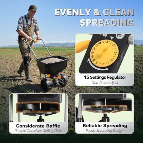 VINGLI 70lbs Fertilizer Spreader with 15 Adjustable Drop Rate, Pre-Assembled Walk-Behind Seed Spreader, with 9" Tire for Multi-Terrain, Broadcast Spreader for Lawn Care & Seed Spreading