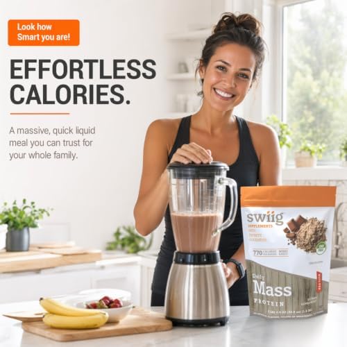 swiig Mass Builder Protein Powder, Chocolate, No GMO Ingredients, No Artificial Flavors, Colors or Sweeteners, No Fillers, 3.3 Pound Bag