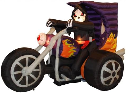 7 FT Long Halloween Inflatable Grim Reaper on Motorcycle | Lights, Outdoor Indoor, Blow Up Lighted Yard Decor, Lawn Inflatables