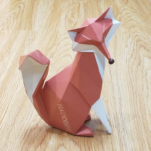 HAUCOZE Fox Statue Figurine Animal Sculpture Modern Home Decor 8.3 Inch | Orange Resin Geometric Art Birthday Holiday Gift Handmade Ornament for