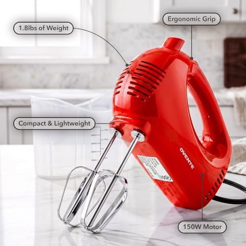 OVENTE 5-Speed Electric Hand Mixer with Storage Case,150W, White HM151W | Stainless Steel Whisks, Compact Portable Design, Lightweight Handheld Mixer for Baking & Cooking