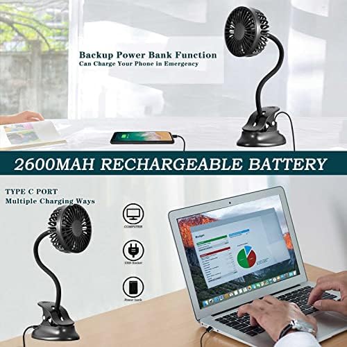 Clip On USB Mini Desk Fan with Emergency Power Bank, Battery Operated Rechargeable Portable Fan - Flexible Neck, 3 Speed Personal Cooling for Car