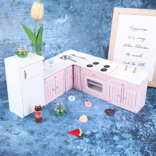 1:12 Scale Dollhouse Kitchen Furniture Set, 5 Piece Wooden Miniature Kitchen Accessories with Cabinet, Fridge, Sink, Corner Cabinet