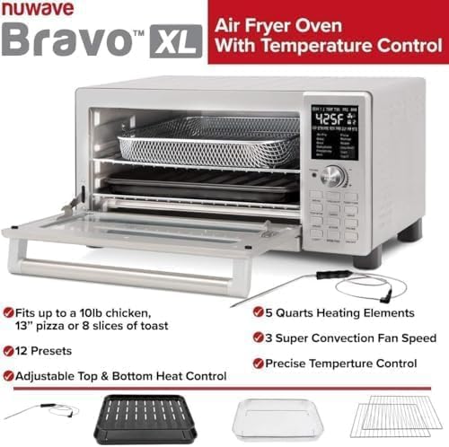 Nuwave Bravo Air Fryer Toaster Smart Oven, 12-in-1 Countertop Convection | 30-QT XL Capacity, 50°-500°F Temperature Controls