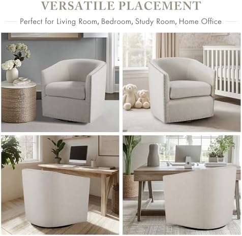 Madison Park Swivel Barrel Accent Chair, Upholstered Curved Back with 7-Inch Thick Woven Cushion, 360° Swivel, Nailhead Trim, Comfy Chair for Living Room, Bedroom, Office, 28" Wide, Neutral, Tyler