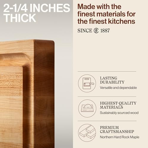 John Boos Newton Prep Master Series Rectangular Wooden Maple Cutting Board 15”x14” – 2.25” Thick, 14-lb Reversible Butcher Block with Catch Pan, Sloped Juice Groove & Edge-Grain – Made in the USA