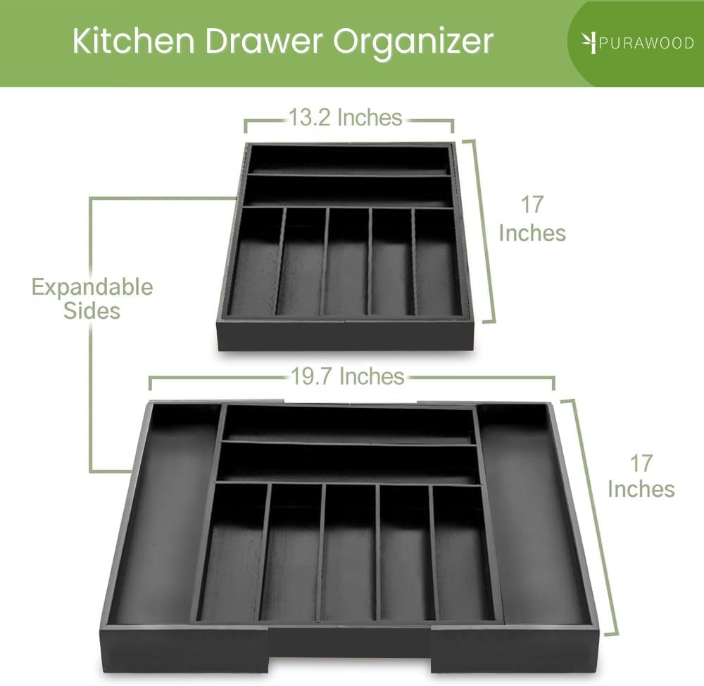 Purawood Kitchen Drawer Organizer - Expandable Utensil Drawer Organizer for Kitchen, Cutlery Tray & Silverware Organizer