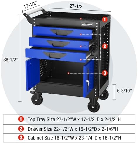 WORKPRO 27.5-Inch Rolling Tool Cabinet, 405 LBS Capacity | Steel Tool Storage Cabinet with PVC Drawer Liners