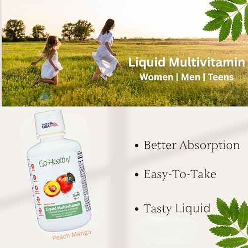 Go Healthy Liquid Multivitamin for Women, Men, Teens | Vegan Vitamin & Mineral Supplement | High Absorption | Premium Liquid Formula | Immune Support | Peach Mango Flavor | 32 Servings