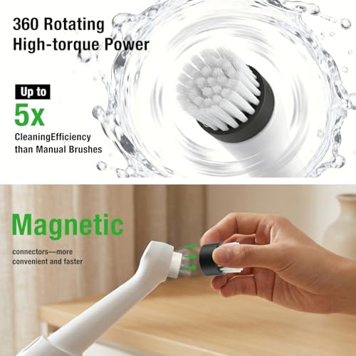 Electric Grout Cleaner, Electric Spin Scrubber, 5 Magnetic Heads | Rechargeable Waterproof Power Scrubber for Tile Grout, Bathroom, Kitchen