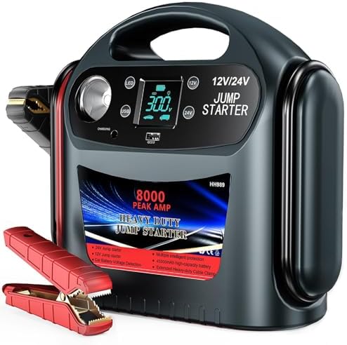8000A Car Battery Jump Starter, Heavy Duty Jump Box for Gas & Diesel Vehicles, 12V/24V Portable Power Pack with LED Light for Trucks, SUVs