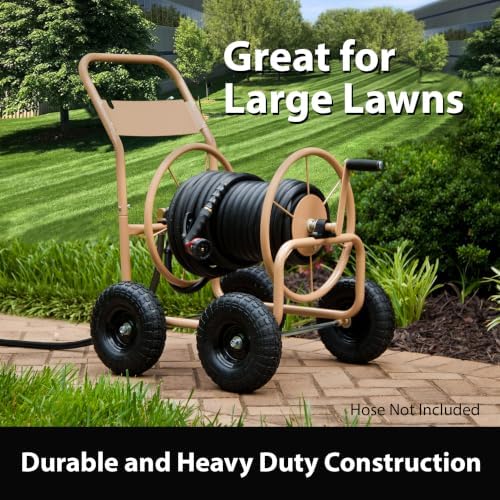 Liberty Garden Industrial 4 Wheel 300 Foot of 0.625 Inch Hose Steel Frame Water Hose Reel Cart for Backyard, Garden, or Lawn, Beige