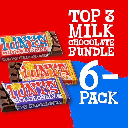 Tony’s Chocolonely Super Duper Milk Chocolate Candy Bar Bundle, Milk & White Chocolate With Sea Salt, Caramel, Pretzel Toffee, Almond, Hazelnut, Made From Quality Fairtrade Cocoa, 6 Bars, 6.35 Oz Each