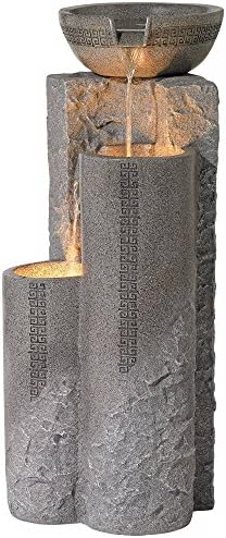 Outdoor Large Bowl and Pillar 34 1/2" High Modern Fountain with LED Lights | Zen Decor Faux Stone Floor Standing Waterfall Tiered Water Feature for