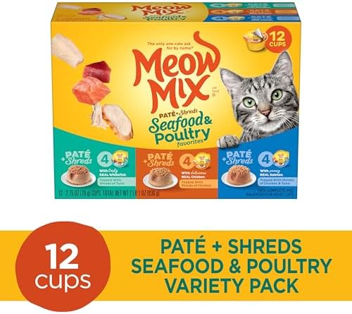 Meow Mix Paté & Shreds Wet Cat Food Variety Pack, Seafood & Poultry Favorites, 2.75 Ounce Cup (Pack of 12)