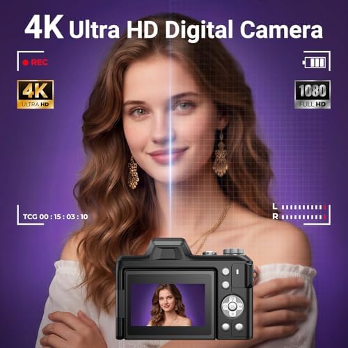 4K Digital Camera for Photography, 56MP Autofocus Vlogging Camera for YouTube Travel, 3" 180°Flip Screen & Lens Hood 16X Zoom