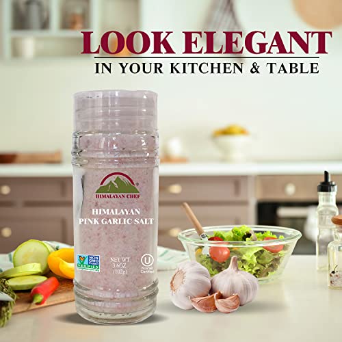 Himalayan Chef Himalayan Pink Garlic Salt -3.6 Oz (Pack of 1), Small Grinder of Garlic Salt Seasoning, Natural & Certified