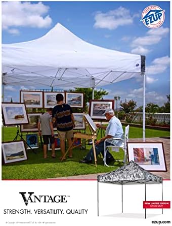 E-Z UP Vantage Instant Shelter Canopy, 10' x 10', Steel Gray Powder-Coated Steel Frame with Wide-Trax Roller Bag & 4 Piece Spike Set, Black