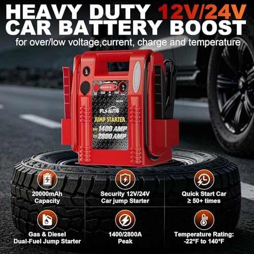 2800A/1400A Heavy Duty 12V/24V Car Jump Starter & Battery Booster – Jumper Pack, Lead-Acid Emergency Power for Cars, Trucks, SUVs, Boats