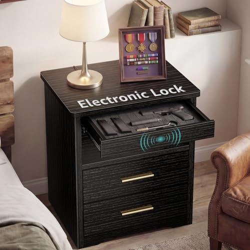 Black Nightstand with Gun Drawer for Bedroom - Modern 3 Drawers Night Stand Gun Safe for Handgun Bed Side Table with Storage Hidden Compartment