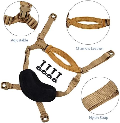 Helmet Chin Strap 4 Points for Tactical Fast/MICH/IBH Kevlar Bump Helmets Helmet Scrim, X-Nape Suspension System with Bolts and Screws Tan
