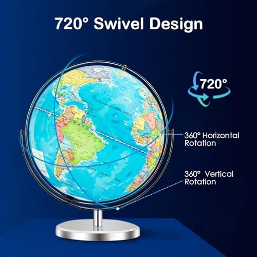 Goplus 13" Large World Globe with Stand, 720° Rotating Illuminated Globe with LED Lights, Metal Base, Desktop Geographic Globe for Home Office