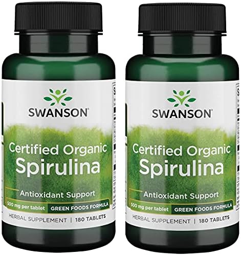 Swanson Certified Organic Spirulina 500 Milligrams 180 Tabs | Most Potent and Digestible Protein Source Among Green Foods; Supports Toxin Removal and Cardiovascular Health; Organic