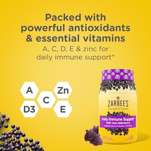 Zarbee's Kids Elderberry Immune Support Gummies, 60 ct | For Kids Ages 12+ Years, Real Elderberry, Vitamins A, C, D3, E & Zinc, No Artificial Sweeteners or HFCS