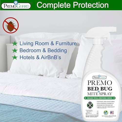 Premo Guard Bed Bug & Mite Killer Spray – University Tested 100% Kill Rate | Natural, Safe for Bedding, Furniture, Fabrics, and Clothing, Non Toxic, Stain & Scent Free, Child & Pet Safe