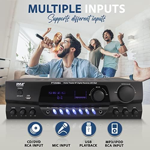 Pyle Home Stereo Amplifier with Bluetooth - 300 Watt Max 4 Channel Stereo Receiver with Easy Karaoke - Dual Mic In with EQ and Echo, USB-A and SD Card In, RCA In, RCA Out, LED Display - PT272AUBT