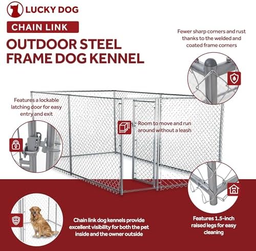 Lucky Dog 10' x 10' x 6' Heavy Duty Outdoor Welded Galvanized Steel Chain Link Dog Kennel Enclosure with 2 Configurations and Latching Door, Silver