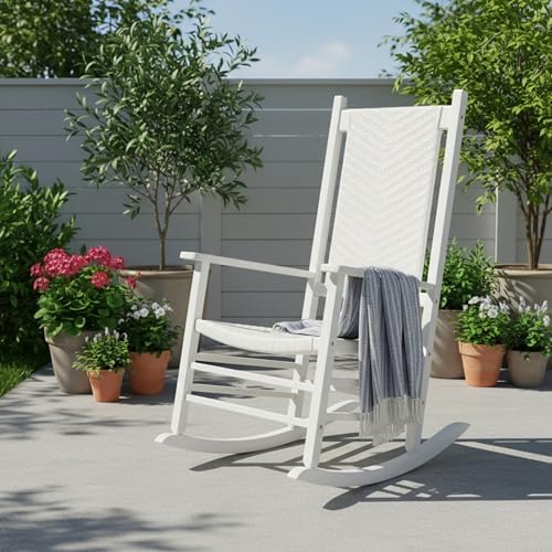 Shine Company Hampton Porch Rocker, High Back Wood Rocking Chair, Rattan Backrest & Seat, White