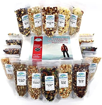 Harmony House Backpacking Soup and Chili Kit (Unseasoned) – 18 Count Variety Pack, Resealable Zip Pouches, For Cooking, Camping