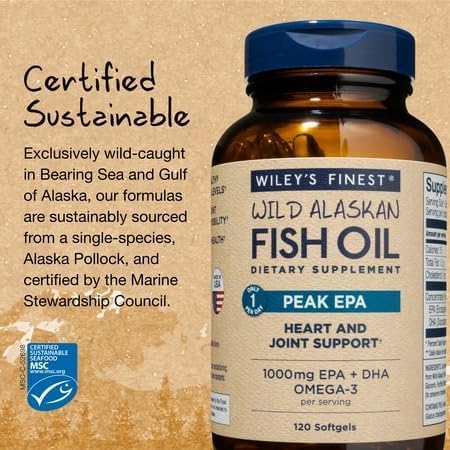 Wiley's Finest Wild Alaskan Fish Oil Peak EPA - Triple Strength Peak EPA & DHA Supplement - 1000mg Fish Oil - Omega-3s for Joint Health Support - 30 Softgels (30 Servings)
