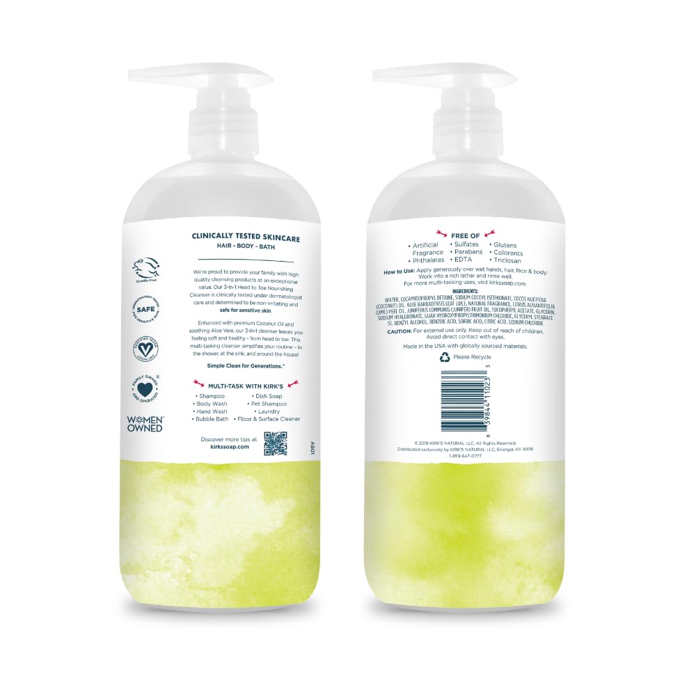 Kirk's Juniper & Lime​ 3-in-1 Nourishing Cleanser, Shampoo Body Wash Bubble Bath, Coconut Oil and Aloe Vera, Vegan Non-GMO, 32 Fl Oz