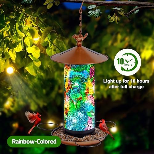 XDW-GIFTS Mosaic Solar Wild Bird Feeder, Waterproof Lantern Shape with S-Hook & 4 LED Lights, Garden Decor for Lawn, Patio, Balcony, Yard Ornament - Unique Gifts for Mom, Women, Grandma, Bird Lovers